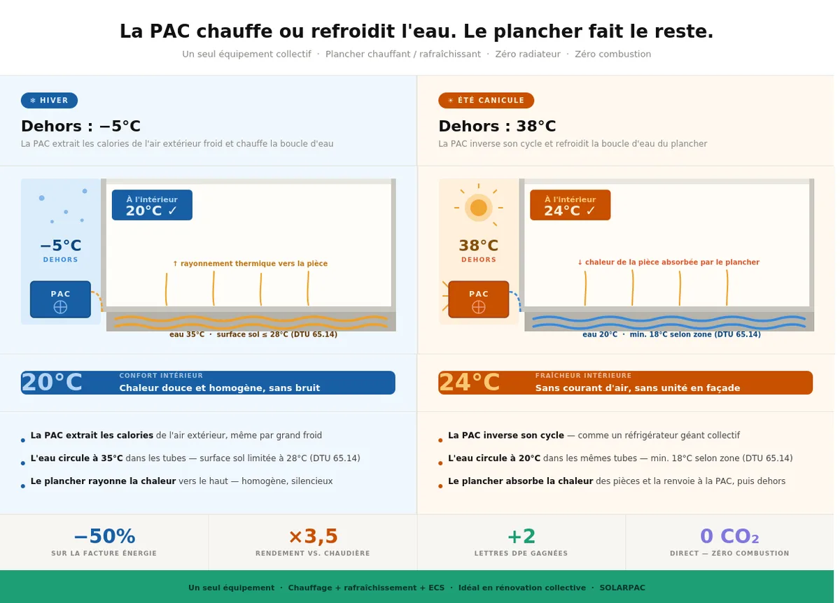 Plancher chauffant réversible : en hiver la PAC chauffe l'eau (eau 35 °C, intérieur 20 °C), en été elle inverse son cycle et rafraîchit (eau 20 °C, intérieur 24 °C) — un seul équipement collectif, sans radiateur ni combustion.